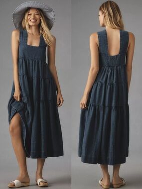 Anthropologie The Helena Square-Neck Tiered Midi Dress: Smocked Denim Edition